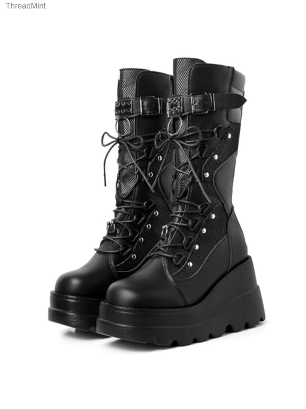 Goth Combat Platform Boots Women Lace Up Vegan PU Leather Mid-Calf